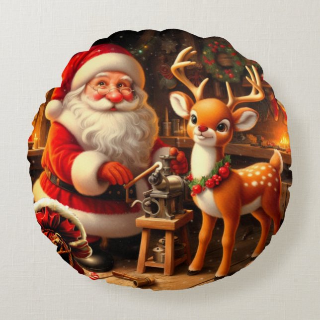 Cute Santa and Reindeer  Round Cushion (Front)