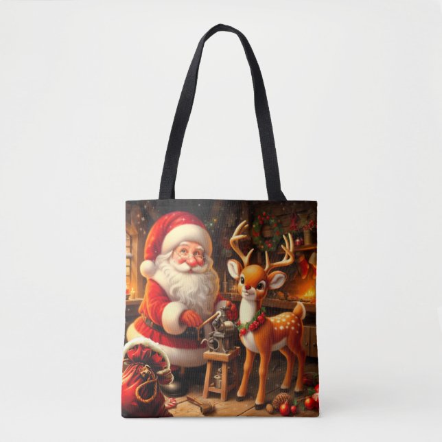 Cute Santa and Reindeer  Tote Bag (Front)