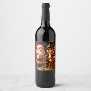 Cute Santa and Reindeer  Wine Label