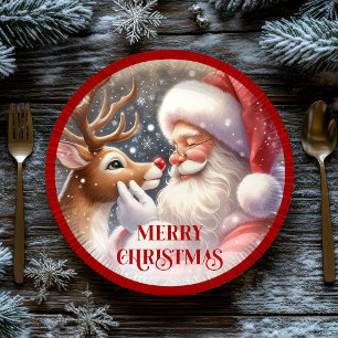 Cute Santa and Rudolph Cartoon Christmas Paper  Paper Plate