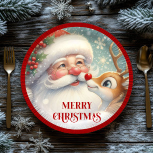 Cute Santa and Rudolph Cartoon Christmas Plates