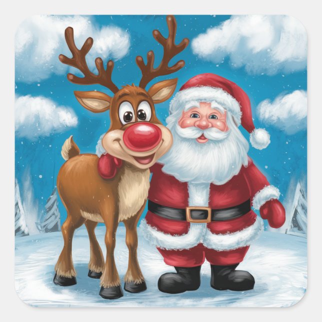 Cute Santa and Rudolph Christmas Scene Snow Square Sticker (Front)