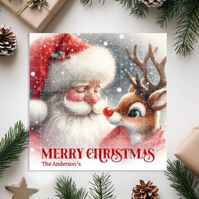Cute Santa and Rudolph Personalized Xmas Kids Gift Jigsaw Puzzle (Cute Santa and Rudolph Personalized Xmas Kids Gift jigsaw puzzle)