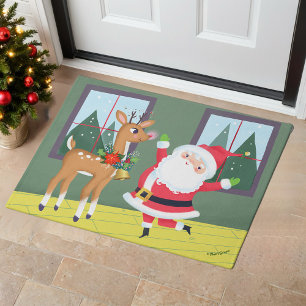 Cute Santa and Rudolph Yellow & Green Doormat