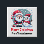 Cute Santa And Snowman Christmas Custom 15 Cm Square Badge<br><div class="desc">A cute whimsical Christmas illustration featuring a jolly Santa wearing his traditional red and white suit and hat, sporting a big white beard and a red nose. He is holding a big red and white striped candy cane and is standing next to a happy snowman. The snowman is also wearing...</div>
