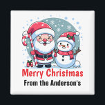Cute Santa And Snowman Christmas Custom Magnet<br><div class="desc">A cute whimsical Christmas illustration featuring a jolly Santa wearing his traditional red and white suit and hat, sporting a big white beard and a red nose. He is holding a big red and white striped candy cane and is standing next to a happy snowman. The snowman is also wearing...</div>