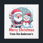 Cute Santa And Snowman Christmas Custom Magnet<br><div class="desc">A cute whimsical Christmas illustration featuring a jolly Santa wearing his traditional red and white suit and hat, sporting a big white beard and a red nose. He is holding a big red and white striped candy cane and is standing next to a happy snowman. The snowman is also wearing...</div>