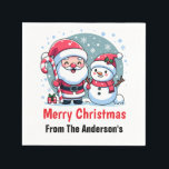 Cute Santa And Snowman Christmas Custom Napkin<br><div class="desc">A cute whimsical Christmas illustration featuring a jolly Santa wearing his traditional red and white suit and hat, sporting a big white beard and a red nose. He is holding a big red and white striped candy cane and is standing next to a happy snowman. The snowman is also wearing...</div>