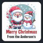 Cute Santa And Snowman Christmas Custom Square Sticker<br><div class="desc">A cute whimsical Christmas illustration featuring a jolly Santa wearing his traditional red and white suit and hat, sporting a big white beard and a red nose. He is holding a big red and white striped candy cane and is standing next to a happy snowman. The snowman is also wearing...</div>