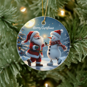 Cute Santa and snowman dancing on ice in winter  Ceramic Tree Decoration