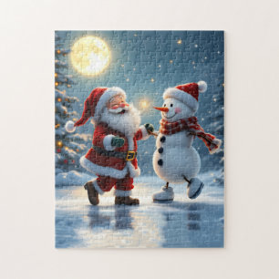 Cute Santa and snowman dancing on ice in winter Jigsaw Puzzle