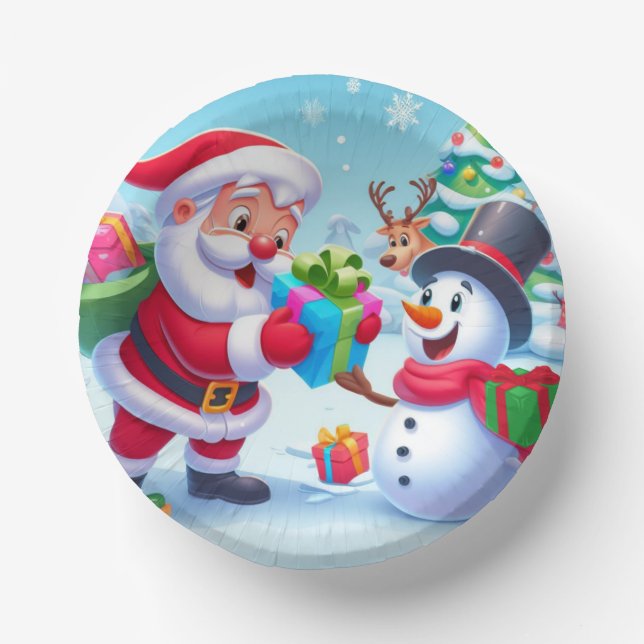 Cute Santa and Snowman  Paper Plate (Front)