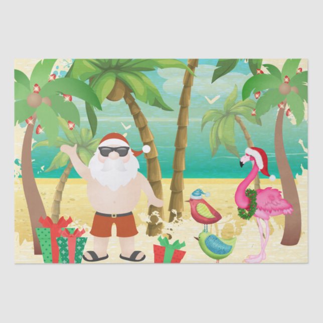 Cute Santa and Tropical Birds Beach Christmas Tissue Paper (Front)