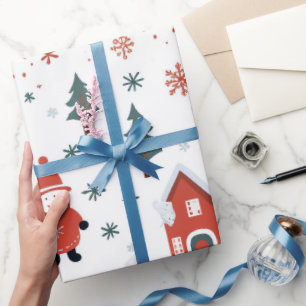 Cute Santa and xmas tree printed red and white Wrapping Paper