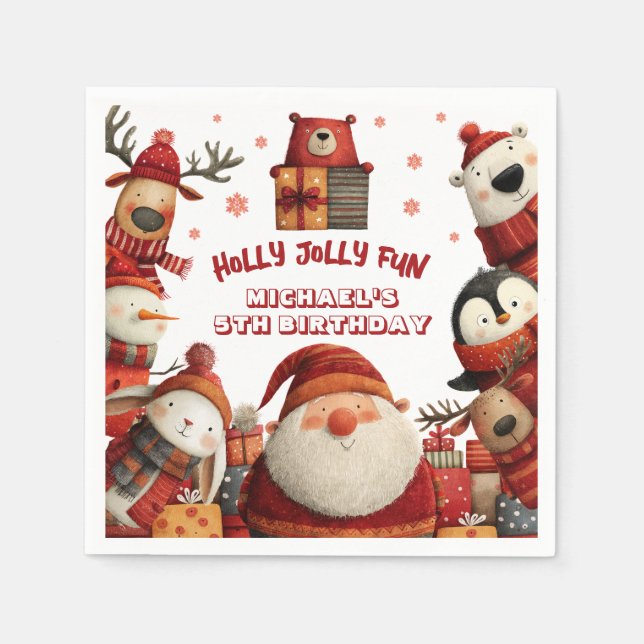 Cute Santa Animals Whimsical Xmas Kids' Birthday Napkin (Front)