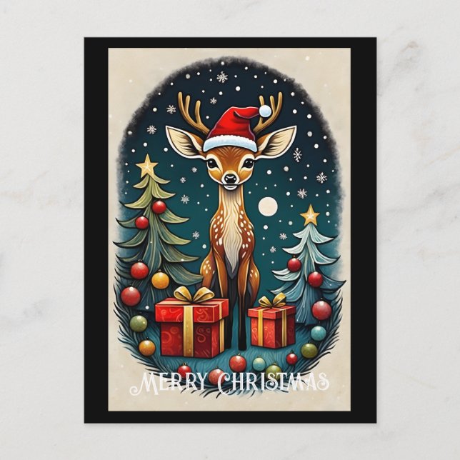 Cute Santa Baby Deer Christmas Tree Gift Postcard (Front)