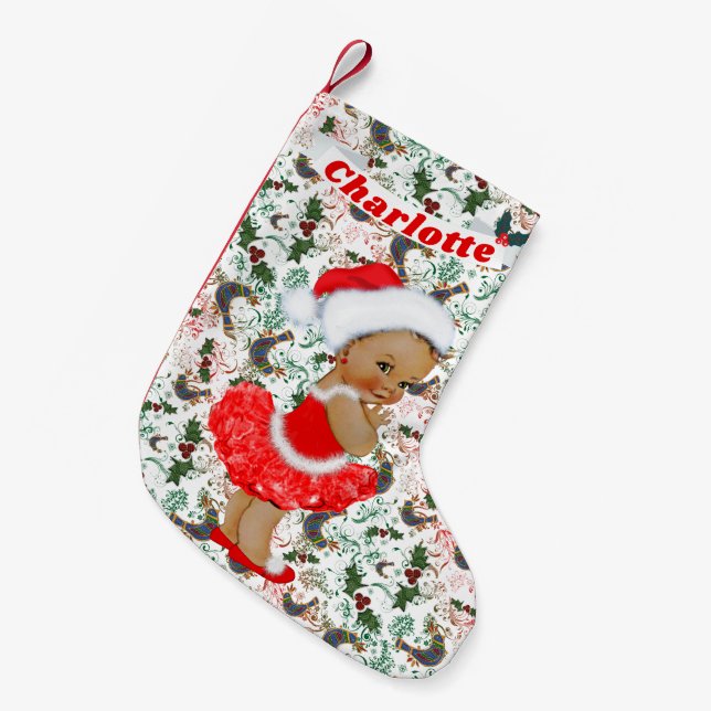 Cute Santa Baby Girl Ethnic Name Red Green Holly Small Christmas Stocking (Front (Hanging))