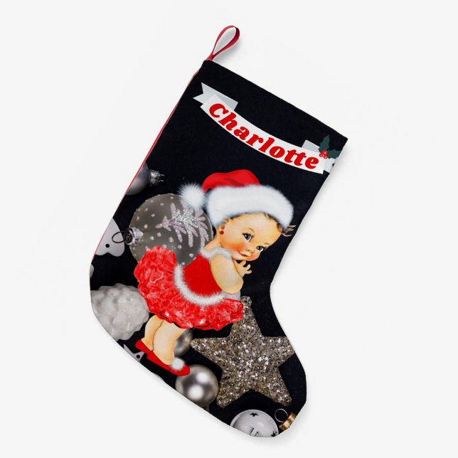 Cute Santa Baby Girl Red Silver Monogram Name Small Christmas Stocking (Front (Hanging))