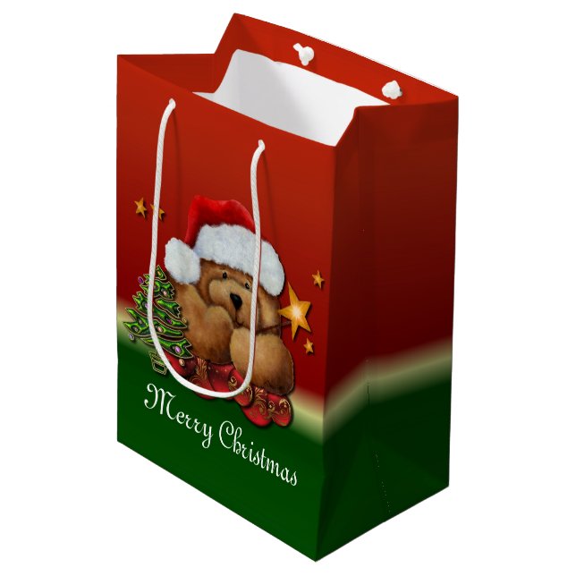 Cute Santa Bear Medium Christmas Gift Bag (Front Angled)