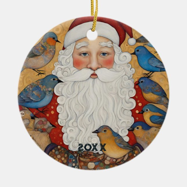 Cute Santa Blue Birds  Ceramic Tree Decoration (Front)