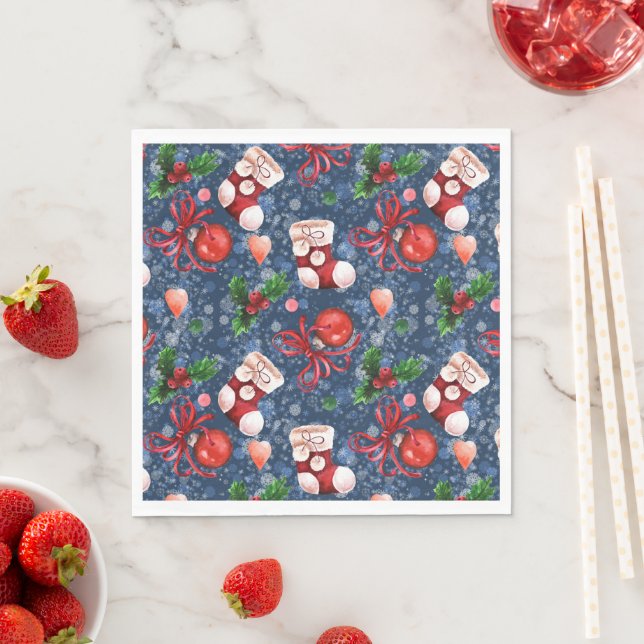 Cute Santa Boots Balls Red Holly Berries Christmas Napkin (Insitu)