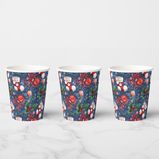 Cute Santa Boots Balls Red Holly Berries Christmas Paper Cups (Multi)