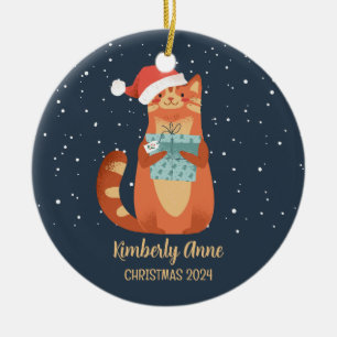 Cute Santa Cat Christmas Snowy Winter Holiday Ceramic Tree Decoration