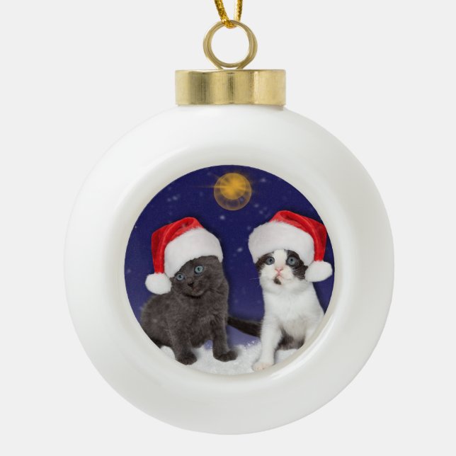 Cute Santa Cats Ceramic Ball Christmas Ornament (Front)