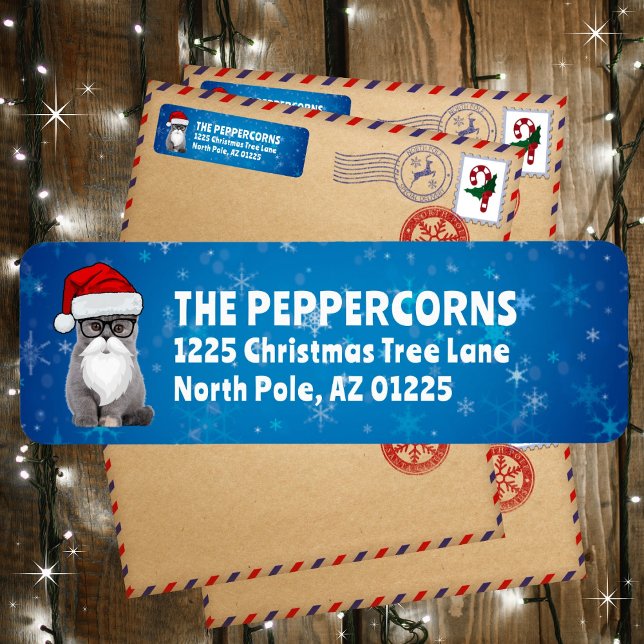 Cute Santa Christmas Cat Blue Return Address (Available in multiple colors. Personalize and make it your own!)