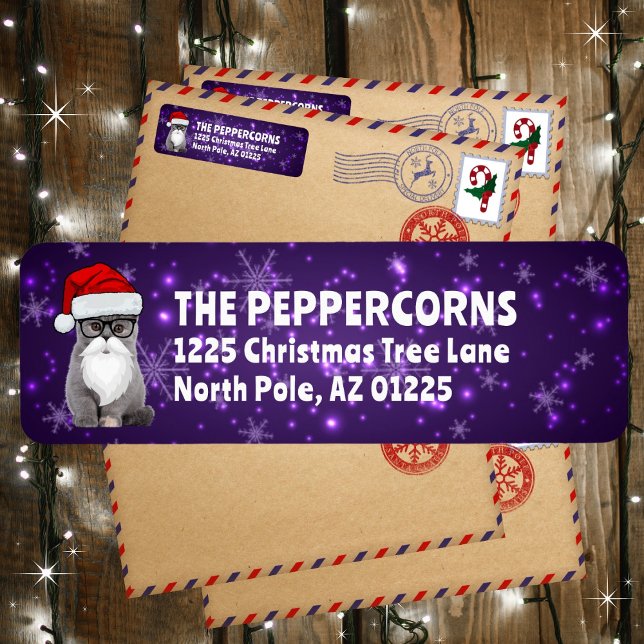Cute Santa Christmas Cat Purple Return Address (Available in multiple colors. Personalize and make it your own!)