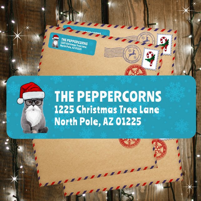 Cute Santa Christmas Cat Teal Return Address (Available in multiple colors. Personalize and make it your own!)