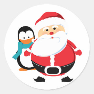 Cute Santa Claus And Penguin Classic Round Sticker