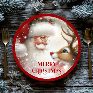 Cute Santa Claus and Rudolph Funny Holiday Paper  Paper Plate