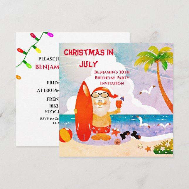 Cute Santa Claus Christmas In July Birthday Party Invitation (Front/Back)