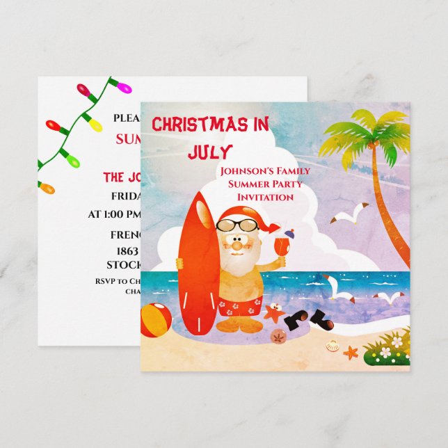 Cute Santa Claus Christmas In July Summer Party   Invitation (Front/Back)