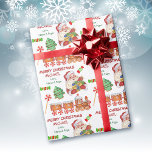 Cute Santa Claus Christmas Sweets Personalised Wrapping Paper<br><div class="desc">Here's a bright, colourful, and fun Christmas wrapping paper for kids that you can personalise with their name and yours! It features a jolly image of Santa Claus with an armful of gifts, and an adorable gingerbread cookie train with peppermint wheels. Along with those images are a green frosted Holiday...</div>