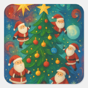 Cute Santa Claus Christmas Tree Illustration Square Sticker