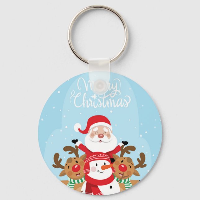 Cute Santa Claus, deer and snowman Key Ring (Front)