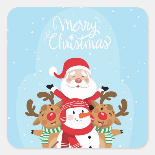 Cute Santa Claus, deer and snowman Square Sticker (Front)
