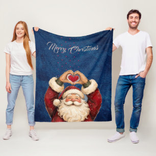 Cute Santa Claus Heart Hands Merry Christmas Bla Fleece Blanket