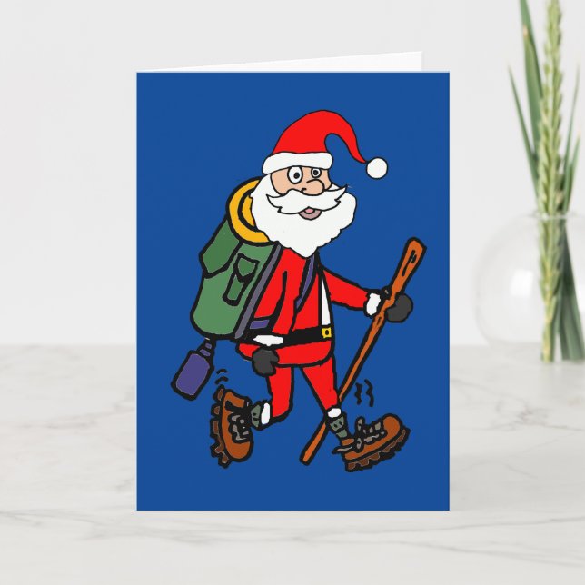 Cute Santa Claus Hiking Christmas Cartoon Holiday Card (Front)