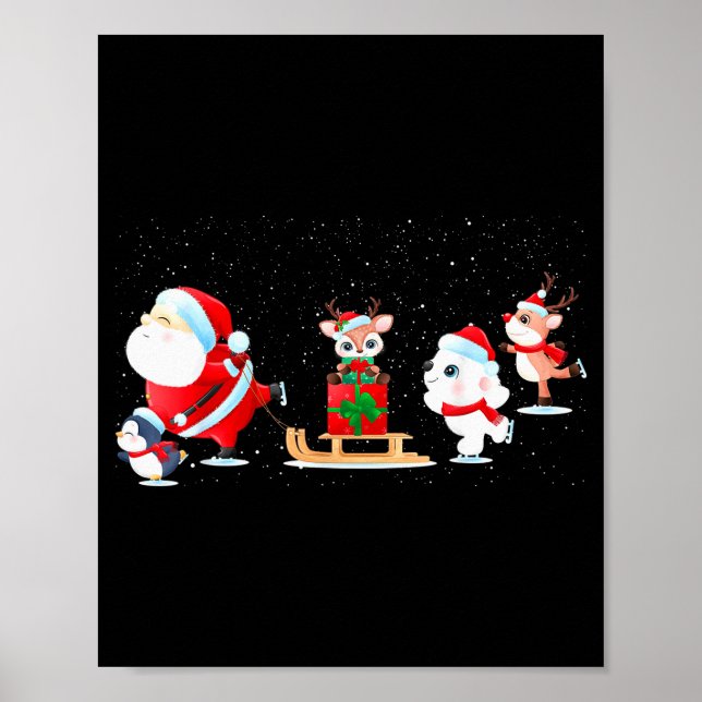 Cute Santa Claus Ice Skating With Friends - Family Poster (Front)