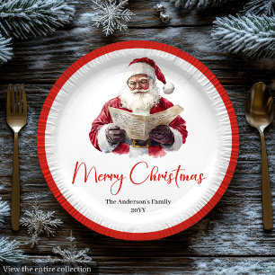 Cute Santa Claus Kids Watercolor Holiday Dinner Paper Plate