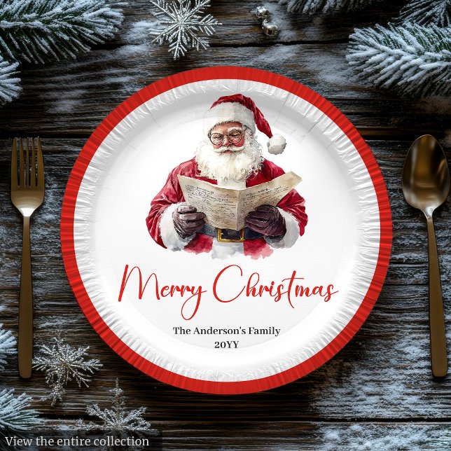 Cute Santa Claus Kids Watercolor Holiday Dinner Paper Plate (Charming Santa Claus Traditional Festive Dinner Plate)