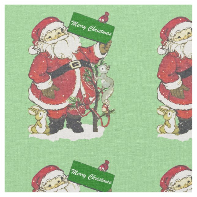 Cute Santa Claus Little Animals Tree Light Green Fabric (Close Up)