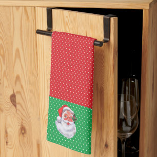 Cute Santa Claus on Red and Green Polka Dots Tea Towel
