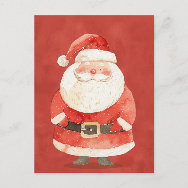 Cute Santa Claus on Red Watercolor Christmas Postcard (Front)