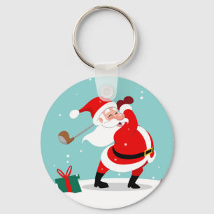 Cute Santa Claus plays golf illustration Key Ring