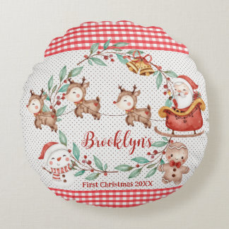 Cute Santa Claus Reindeer Snowman 1st Christmas  Round Cushion