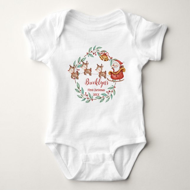 Cute Santa Claus Reindeers 1st Christmas Birthday  Baby Bodysuit (Front)